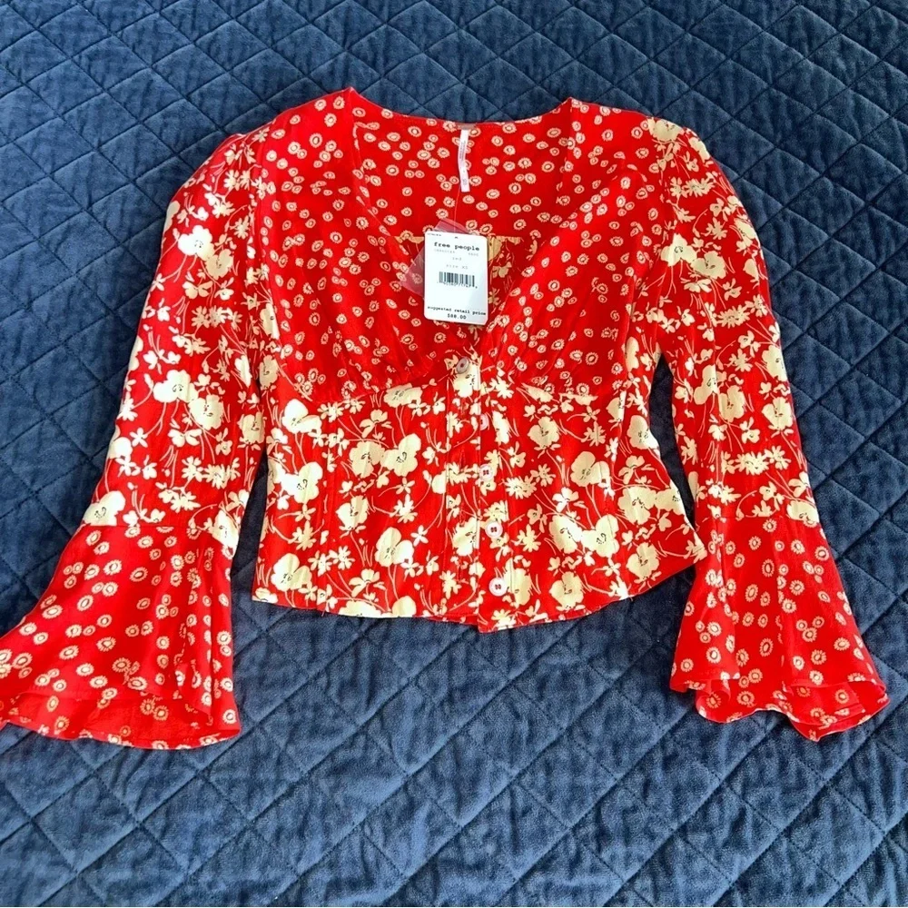 Free People Top Women’s XS Floral Lady Bohemian Crop Blouse Bell Sleeve DD